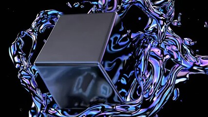 Wall Mural - metallic, iridescent liquid splashing around a cube, creating a futuristic and abstract background w