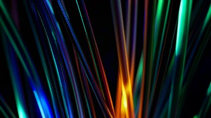 Wall Mural - fiber optic cables transmitting data as colorful pulses of light against a dark background, illustra