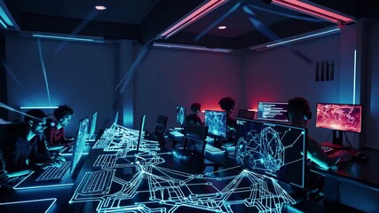 Wall Mural - software developers and computer engineers working on computers in a dark, futuristic office illumin