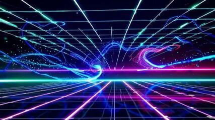 Wall Mural - bright neon lines form a futuristic grid, with glowing particles flowing and swirling in a dynamic d