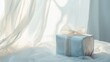 © Juan - White gift box in curtain light for celebration surprise present birthday elegant minimal decor event package