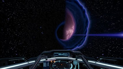 Wall Mural - futuristic spaceship is entering a wormhole with glowing blue energy streaks in deep space, with a p
