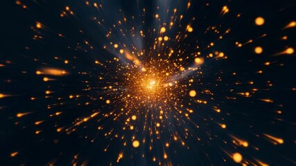 Wall Mural - Glowing orange particles burst outward in dynamic explosion of light and energy against dark abstract background, creating vibrant motion and glowing burst of warm energy.