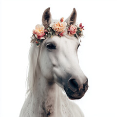 a whimsical horse wearing a floral crown with pastel flowers, isolated on a white background