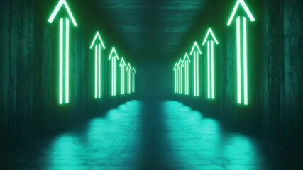 Wall Mural - neon green arrows glowing on dark tunnel walls create futuristic glowing reflection, evoking directi