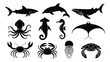 © Zavivec - silhouette collection of marine creatures including shark, dolphin, whale, octopus, squid, stingray, crab, turtle, jellyfish, seahorse