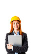 © Виктория Исаева - Confident woman in hard hat holding laptop on white background