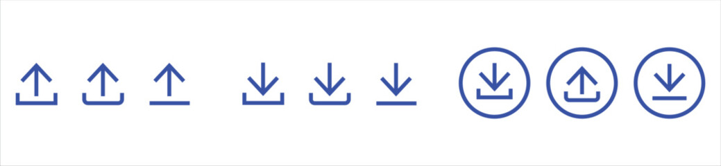 Download and upload icon buttons set. Download and upload icon. Files download and upload icons symbol in line and flat style on white background. Vector illustration