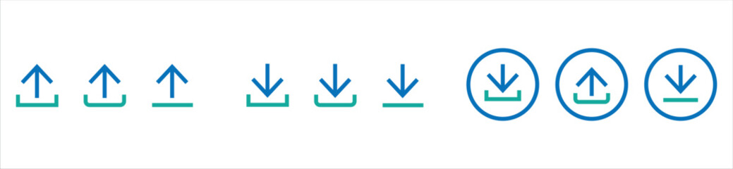 Download and upload icon buttons set. Download and upload icon. Files download and upload icons symbol in line and flat style on white background. Vector illustration