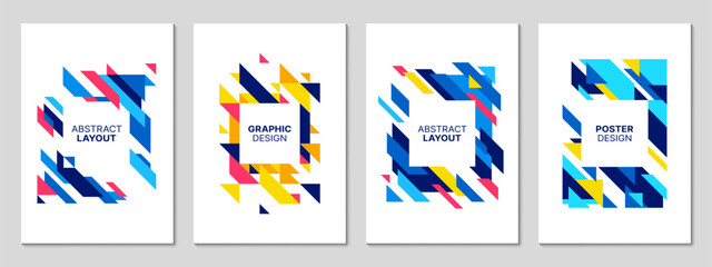 Abstract geometric business posters with colorful triangle and rectangle shapes on white background. Vector modern layout set with dynamic figures in blue, red and yellow color. Cover or flyers design