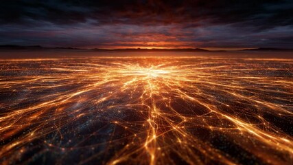 Wall Mural - dynamic abstract network of golden light rays radiating across a darkened landscape at sunset