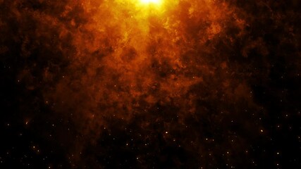 Wall Mural - abstract loop glow orange flare shine rays light with smoke cloud fire particles flow on top center 