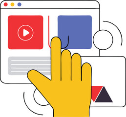 Abstract digital design featuring hand interacting with online interface elements