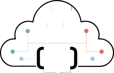 abstract tech cloud with code brackets representing digital data and network