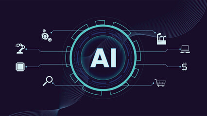 Wall Mural - futuristic ai technology background featuring digital elements with industry and tech icons on dark 