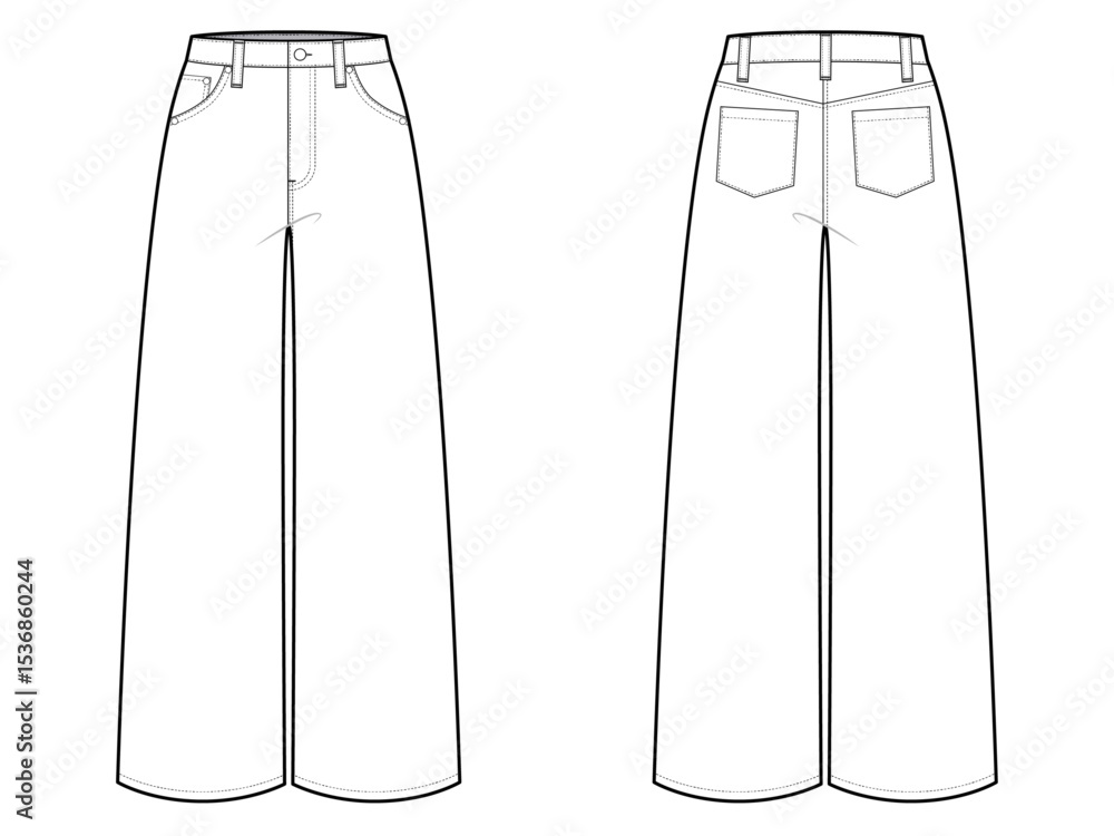 High Waist Wide Leg Jeans- Flat Vector Illustration-Front and Back View ...