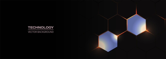 Wall Mural - hexagon technology blue and orange colored honeycomb on black wide abstract background. vector illus