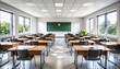 © chusnul - Empty classroom with wooden desks and chairs, green chalkboard, and sunlight streaming through windows