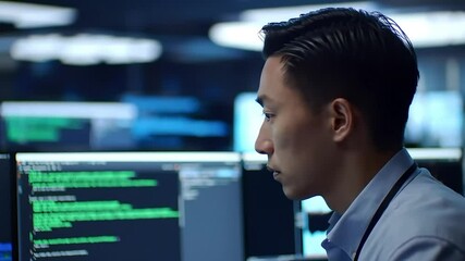 Asian man working diligently at computer screen analyzing data code in dark room