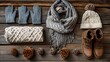 © Lumi_Studio - Flat lay of winter fashion essentials: woolen gloves, cable-knit scarf, snow boots, and cozy hat arranged neatly on a rustic wooden surface with pinecones