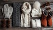 © Lumi_Studio - Flat lay of winter fashion essentials: woolen gloves, cable-knit scarf, snow boots, and cozy hat arranged neatly on a rustic wooden surface with pinecones