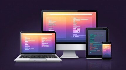 Wall Mural - multiple devices displaying colorful coding interfaces on a dark background.