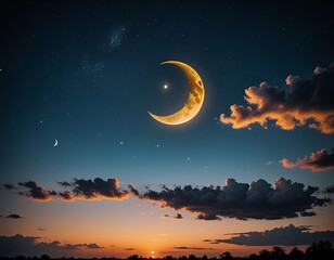Wall Mural - A crescent moon in the evening sky with clouds in the background