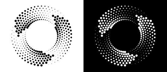 Wall Mural - circle abstract background with dynamic halftone dots like arrows. black shape on a white background