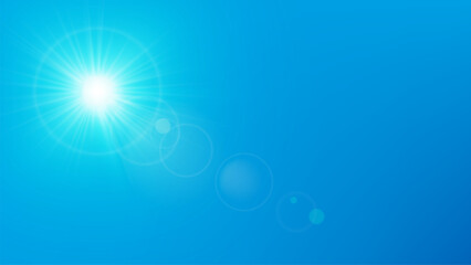Wall Mural - Sun in blue sky. Realistic bright white summer sun with radiant sunlight beams and lens flares shine on blue beautiful sky. Nature sunny hot day spring landscape. Weather forecast vector background