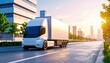 © Nopadon - A sleek, futuristic electric semi-truck drives on a city street at sunset with modern skyscrapers and greenery along the road.