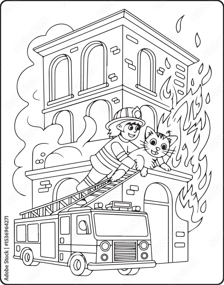 Coloring page for kids, A firefighter works rescuing a cat vector line ...