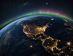 Wall Mural - North America at night with visible city lights. 3D illustration.