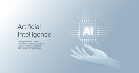 Hand holding processor hologram, Banner with AI chip, machine learning, neural network, Artificial Intelligence (AI) technology innovation background.