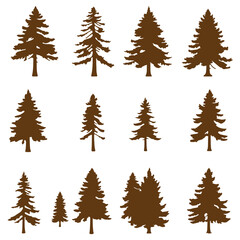 Wall Mural - Forest trees set. Isolated vector silhouette. Coniferous forest. Christmas tree, fir-tree, pine, pine-tree, Scotch fir, cedar