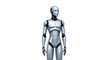 © Photqeey - A clean illustration of a humanoid AI robot with a sleek metallic body, standing upright and faced right, white background
