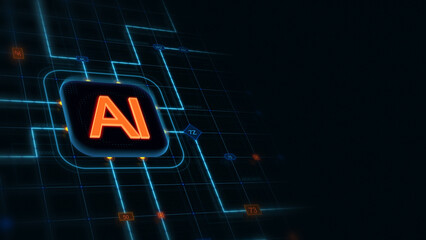 Orange 3d AI in a rounded rectangle with glowing circuit, line connections and blue grid at the left of a dark background, horizontal composition. Technology background for graphic design.