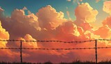 Sunset behind a barbed wire fence