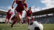 © ryker - Close up of soccer ball in action on field with players in red uniforms running towards it, showcasing excitement and energy of game
