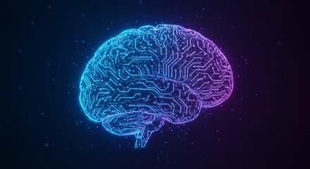 Wall Mural - brain circuitry - abstract representation of a brain as a circuit board, glowing with blue and purpl