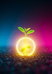 Wall Mural - seedling in glowing orb - a vibrant young plant sprouts from a luminous sphere, set against a dark, 