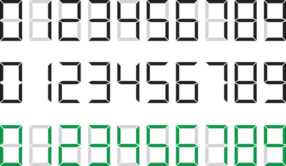 Digital numbers in vector illustration, ideal for clocks, scoreboards, calculator and electronic displays.