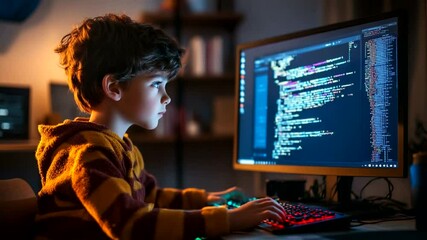 Child is intently coding at the screen in the dark room