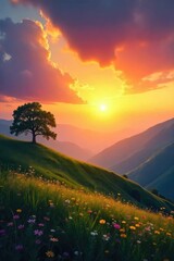 Wall Mural - Serene landscape at sunrise, conveying peace and spiritual awakening Perfect for meditation, yoga, or mindfulness themes Ideal for websites, blogs, and social media , background, mindfulness