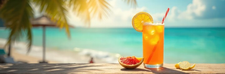Wall Mural - A sun-drenched summer scene featuring a vibrant tab with a refreshing beverage, capturing the essence of warm weather relaxation Perfect for travel, summer, and beverage-related content , fun, blue
