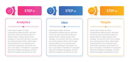 Wall Mural - Colorful Business infographic template. 3 Step timeline journey. Process diagram, 3 options on white background, Infographics elements vector illustration.