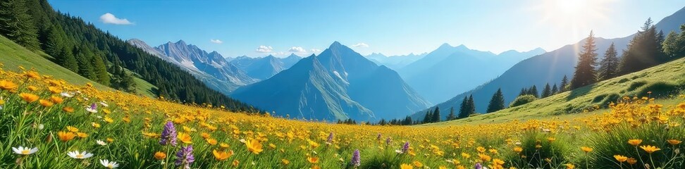 Wall Mural - Serene mountain meadow bathed in sunlight, wildflowers blooming, clear blue sky, tranquil landscape Perfect for travel, nature, or environmental themes , adventure, peaks