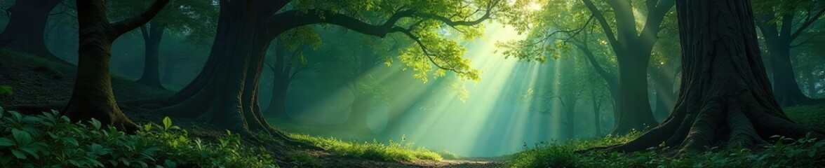 Wall Mural - deep shadows and dappled sunlight filter through a dense, ancient forest the air is still, hinting a