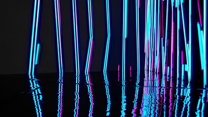 Wall Mural - pink and blue neon glowing lines are standing in dark room with their reflection on water surface, c