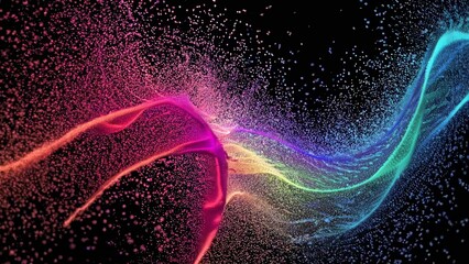 Wall Mural - bright and colorful particles are flowing and generating abstract wavy shapes on a black background,