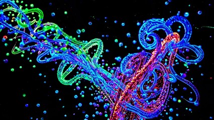 Wall Mural - bright neon particles are flowing, swirling, and creating colorful trails and bubbles on a black bac